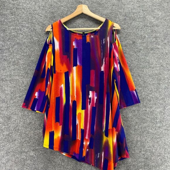 New IC Blouse Women L Large Blue Geometric Cold Shoulder 3/4 Sleeve Round Neck - Picture 3 of 10